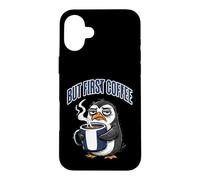 But First Coffee Sleepy Penguin Caffeine Lover Coque pour iPhone 16 Plus