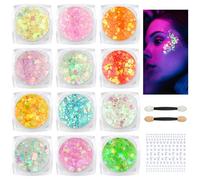 BUTBU 12 Lumineuse Gel Paillettes,Gel Paillettes Visage, Paillette de Corp, avec Pinceaux de maquillage et Autocollants en diamant, pour Visage, Cheveux, Halloween, Fête, Noël