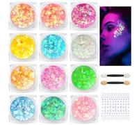 BUTBU 12 Lumineuse Gel Paillettes,Gel Paillettes Visage, Paillette de Corp, avec Pinceaux de maquillage et Autocollants en diamant, pour Visage, Cheveux, Halloween, Fête, Noël