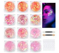 BUTBU 12 Lumineuse Gel Paillettes,Gel Paillettes Visage, Paillette de Corp, avec Pinceaux de maquillage et Autocollants en diamant, pour Visage, Cheveux, Halloween, Fête, Noël