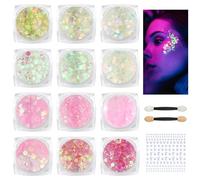 BUTBU 12 Lumineuse Gel Paillettes,Gel Paillettes Visage, Paillette de Corp, avec Pinceaux de maquillage et Autocollants en diamant, pour Visage, Cheveux, Halloween, Fête, Noël