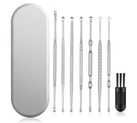 BUTBU 8 Pcs Cuillère à Oreille en Acier Inoxydable, Kit de Nettoyeur D'oreilles Réutilisables, Curette Oreille Kit avec Étui, Élimination Cire Oreille Efficace et Confortable (Argent)