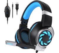 BUTFULAKE GH-3 Casque de jeu pour Xbox One, Xbox One S, PS4, PC, Nintendo Switch, Mac, ordinateur portable, casque de jeu filaire 3,5 mm avec lumière LED, microphone antibruit Noir Bleu