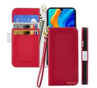 Butnyeoe Coque pour Huawei P30 Lite Rabat,Housse Huawei P30 Lite Clapet,Portefeuille Etui avec Fonction Support et Porte-Carte,Litchi Texturé Cuir/Antichoc Flip Cover Case.Rouge