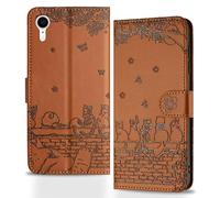 Butnyeoe Coque pour iPhone XR Rabat,Housse Pochette iPhone XR Clapet,Portefeuille Etui avec Porte-Carte et Dragonne,Chats/Fleur PU Cuir/Antichoc Flip Folio Case.Marron