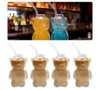 BUTORY Lot de 2/4 tasses à café en verre avec paille - Motif ours miel - 325 ml - Pour la maison, le bar, la cuisine, le restaurant, la fête (4)