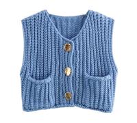 Butter Yellow Clothes, Chunky Sweater Vest Women Button Up, Knit Sweater Vest Tops Big Gold Buttons, Crochet Sleeveless, Crop Knit Cardigan (#15,M)