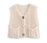 Butter Yellow Clothes, Chunky Sweater Vest Women Button Up, Knit Sweater Vest Tops Big Gold Buttons, Crochet Sleeveless, Crop Knit Cardigan (#6,M)