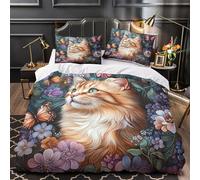 Butterflies And Fleurs Surround The Chat Housse De Couette Ado Adulte Avec Taie D'oreiller,3 Pièces Parure Microfibre Avec Fermeture Éclair, 3D Animaux mignons Imprimé Motif Super King（260x220cm)