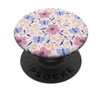 Butterfly and Flowers Blush Pink Blue Cute Botanical Garden PopSockets PopGrip Adhésif