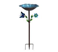 Butterfly Bird Basin - Ornamental Metal Stake, Large Bowl with Floral Details, Weatherproof Iron Craft, Nature Lovers Sanctuary, for Backyard Patio Lawn Porch Pathway Balcony Deck Fence Pond
