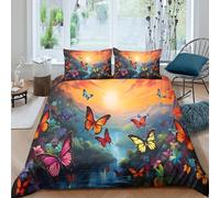 Butterfly coucher de soleil scène Ensemble De Literie 3 pièces 3D Effet Vibrant nature Housse de Couette avec Fermeture Éclair Facile d'entretien for Chambre de adolescents Double（200x200cm）