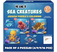 Butterfly EduFields Puzzle 4 en 1 créatures marines pour enfants de 3 à 7 ans | Jouet puzzle de 38 pièces stimulant le cerveau avec feuilles de coloriage pour garçons et filles | Apprentissage