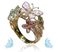 Butterfly Flower Ring, Women's Cute Enamel Fashion Shiny Flower Butterflys Open Pink Rings (B-Gold)