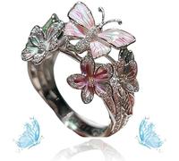 Butterfly Flower Ring, Women's Cute Enamel Fashion Shiny Flower Butterflys Open Pink Rings (B-Silver)