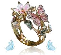 Butterfly Flower Ring, Women's Cute Enamel Fashion Shiny Flower Butterflys Open Pink Rings (C-Gold)