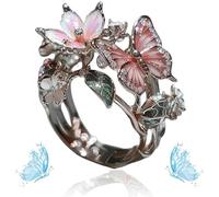 Butterfly Flower Ring, Women's Cute Enamel Fashion Shiny Flower Butterflys Open Pink Rings (C-Silver)