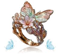 Butterfly Flower Ring, Women's Cute Enamel Fashion Shiny Flower Butterflys Open Pink Rings (D-Rose Gold)
