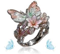 Butterfly Flower Ring, Women's Cute Enamel Fashion Shiny Flower Butterflys Open Pink Rings (D-Silver)