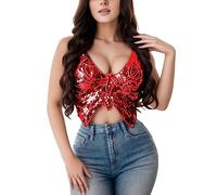 Butterfly Top Paillettes Top Festival Paillettes Top Paillettes Top Paillettes Papillon Crop Tops Danse du Ventre Costume Festival Club Sexy Tank Neckholder Bandage Tops Sirène Femme Costume, rouge,
