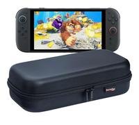 ButterFox Grand étui de transport pour console Nintendo Switch 2, compatible avec chargeur et poignée Joy-Con, 26 porte-cartes de jeu et support intégré (cuir synthétique noir, taille L pour chargeur)