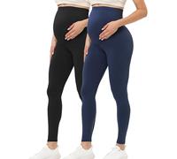 Buttergene Legging de maternité pour Femme au-Dessus du Ventre - Tenue Active - pour entraînement et Yoga, Lot de 2 Noir/Bleu Marine, M