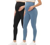 Buttergene Legging de maternité pour Femme au-Dessus du Ventre - Tenue Active - pour entraînement et Yoga, Lot de 2 Noir/Bleu foncé, M