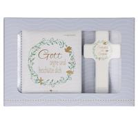 Butzon & Bercker Geschenkset zur Taufe 15 x 22 x 2 cm - Holzkreuz aus Buchenholz weiß lackiert mit Taufspruch, gebundenes Buch 11 x 11 cm, Lieferung in Geschenkverpackung