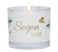 Butzon & Bercker Glaswindlicht "Segen für dich" Ø 6 cm - handgeblasenes Windlicht mit Pergamentumleger, türkise Geschenkverpackung, weißes Teelicht, liebevolles Geschenk zur Taufe