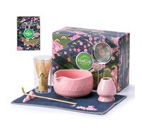 Buucup Lot de 7 fouets à matcha en céramique rose et bambou avec bol, fouet, support, cuillère, repos, tamis, torchon