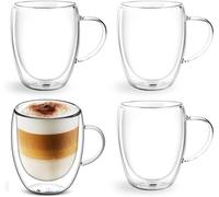Buumin Lot de 4 Tasses en Verre à Cappuccino, 350ml Verres Double Paroi, Tasses à Café en Verre Isolées avec Poignée, Verres Transparent pour Latte, Thé, Jus, Lait, Boissons Chaudes Froides（4x350ml）