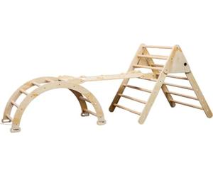 Buxibo XXL Structure d'escalade - Triangle Pliable + Arche d'escalade + Rampe avec Toboggan - Mobilier Montessori en Bois - Naturel - 210x83x81 cm