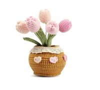 Buxiffod Tulipe en pot - Bouquet tricoté - Tulipes roses faites à la main - Cadeau idéal pour les anniversaires, la fête des mères, les décorations exquises