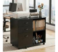 buybyroom Caisson de Rangement, Meuble Bureau à 5 roulettes, 3 Tiroirs, 2 Compartiments Ouverts à Étagères Réglables, Armoire sous Bureau 66cm Hauteur pour Papier Administratif, Imprimante,Salon,Noir