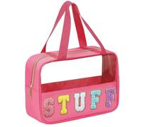 BuyCard Preppy Trousse de voyage transparente en chenille avec poignée et fermeture éclair, grande trousse de toilette de voyage transparente étanche pour femmes et filles, rose rouge, Double poignée