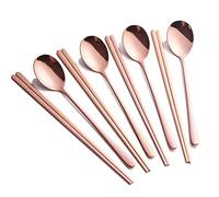 Buyer étoile 4 Ensemble de baguettes Cuillères, Or Rose Voyage réutilisable Long manche en métal coréen Cuillère à café Chop Stix, longueur 22,9 cm, Acier inoxydable 18/10, Poli miroir rose gold