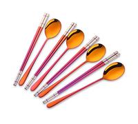 Buyer Star 4 Ensembles Acier Inoxydable Baguettes et Cuillère Rouge Magique Couverts 8 pièces Coréen Baguettes Cuillères Service pour 4