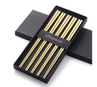 Buyer Star 5 Paires de Baguettes Or INOX 304 18/10 Réutilisable Métal Creux Forme Carree pour Sushi Dîner Set de Vaisselle