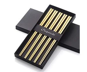 Buyer Star 5 Paires de Baguettes Or INOX 304 18/10 Réutilisable Métal Creux Forme Carree pour Sushi Dîner Set de Vaisselle