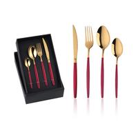 Buyer Star YDware Lot de 16 couverts rouge or, rouge et or pour 4 fourchettes, cuillères, cuillères à café, couteaux à steak, couverts pour la maison, la cuisine, le restaurant