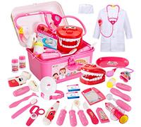 BUYGER 3 en 1 Malette Docteur Enfant, avec Véritable Stéthoscope, Thermomètre, Kit Docteur Enfant 3 Ans Cadeau pour Garçon et Fille (Rose)