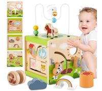 BUYGER Cube d'Activité Montessori en Bois, Jouet d'Éveil 6 en 1 avec Puzzle Formes & Labyrinthe Perles, Cadeau Éducatif pour Bébé Garçon Fille (Thème des Animaux de la Ferme)