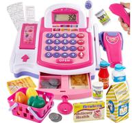 Buyger Grande Caisse Enregistreuse Enfants de 3+ Ans, Imprimante Automatique de Reçus et Scanner, Accessoires de Jouets Alimentaires Marchands, Jeux de Rôle, Cadeaux Éducatifs pour Garçons Filles