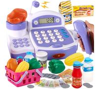 BUYGER Grande Jouet Caisse Enregistreuse Dinette Enfants avec Scanner, Calculatrice, Peser, Aliments - Son et Lumière Commerçant Marchande Jouet Cadeaux pour Enfants 3+ Ans