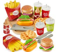 BUYGER Jouets de Dinette en Bois Enfant 3 4 5 Ans, Accessoires de Cuisine en Bois avec Hamburger, Jeu de Rôle Cadeau Éducatif pour Garcon Fille
