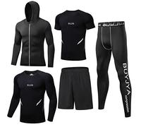 BUYJYA Vêtements de sport pour hommes Vêtements de compression Fitness Ensemble de 5 pièces Pantalons de compression de course Chemises Tops Veste à manches longues