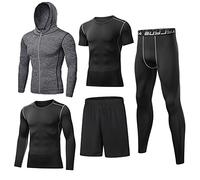 BUYJYA Vêtements de sport pour hommes Vêtements de compression Fitness Ensemble de 5 pièces Pantalons de compression de course Chemises Tops Veste à manches longues