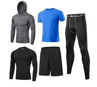 BUYJYA Vêtements de sport pour hommes Vêtements de compression Fitness Ensemble de 5 pièces Pantalons de compression de course Chemises Tops Veste à manches longues