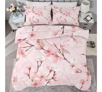 buyluhn Couette 140x190 4 Saisons, Couette Fleur de Cerisier Rose Imprimée 1 Personne pour Lit 90x190 Enfant Fille Garçon, Edredon Duvet Floral Ete Hiver avec 2 Taies d'oreiller, Lavable en Machine