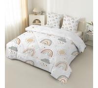 buyluhn Couette 200x200 Imprimée 4 Saisons, Couette Arc-en-Ciel 2 Personnes Reversible, Edredon Duvet Nuage Soleil avec 2 Taies d'oreiller pour Ete Hiver Adulte, Lavable en Machine, Blanc/Gris